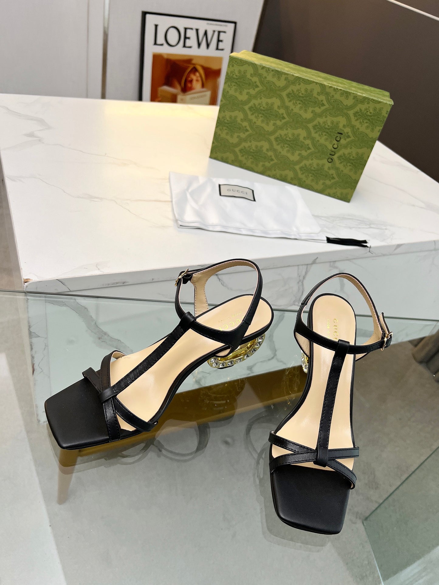 2024 Gucci-Inspired Cowhide Thick Heel with Rhinestone Detail – 6.5cm