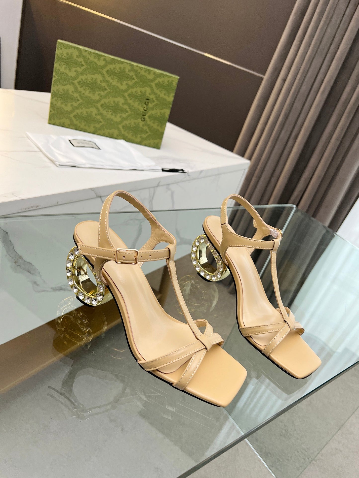 2024 Gucci-Inspired Cowhide Thick Heel with Rhinestone Detail – 6.5cm