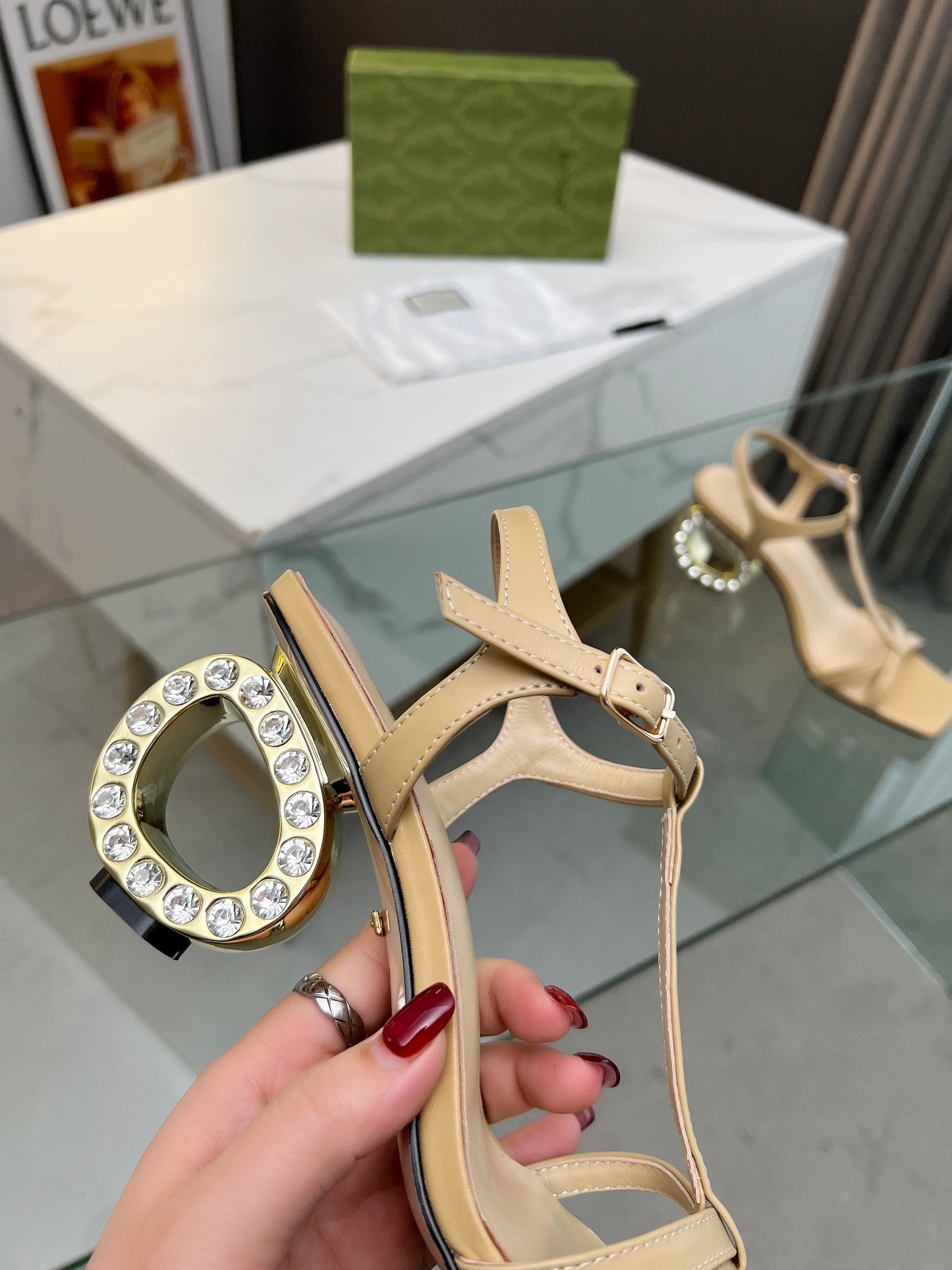 2024 Gucci-Inspired Cowhide Thick Heel with Rhinestone Detail – 6.5cm