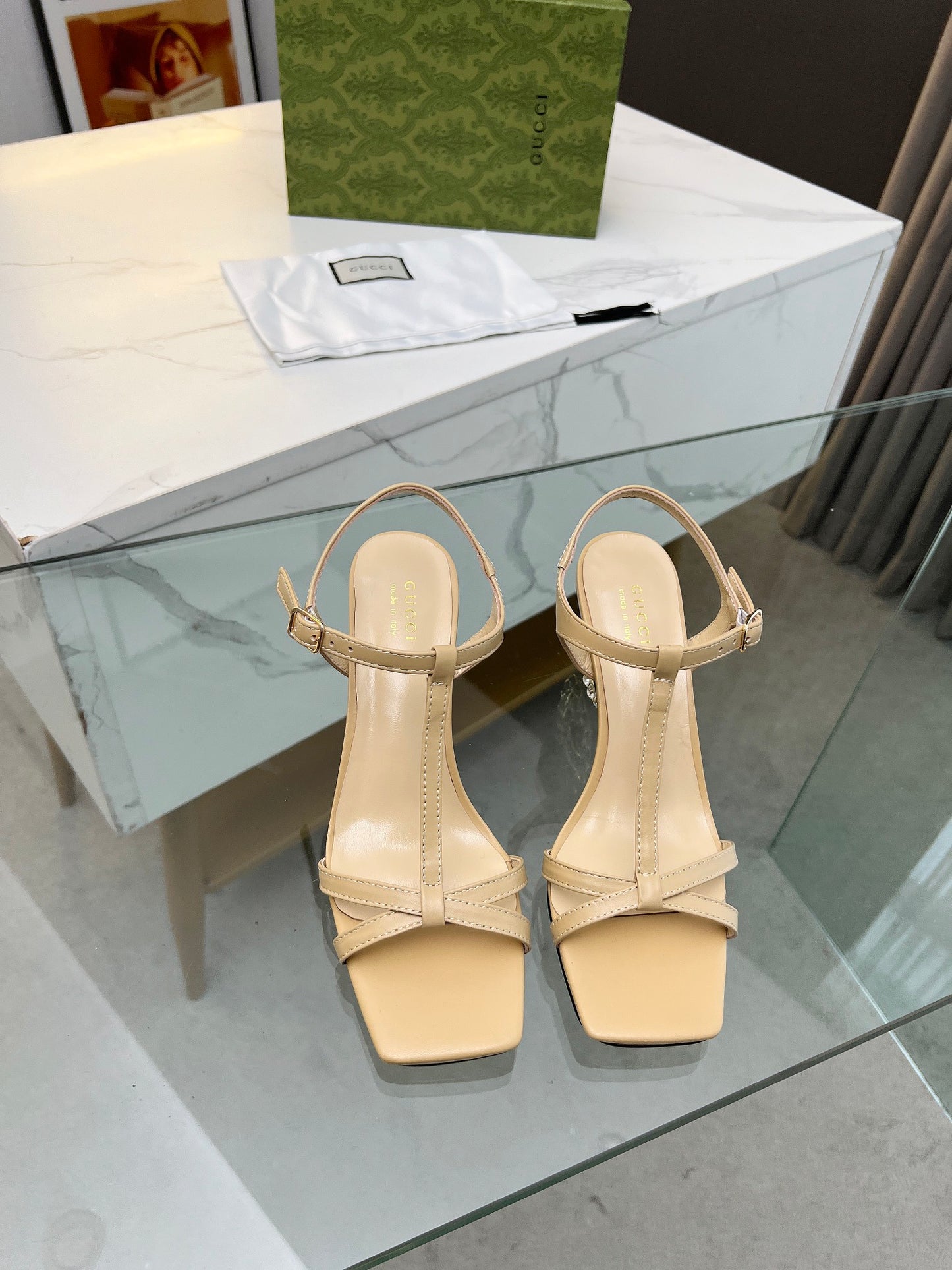 2024 Gucci-Inspired Cowhide Thick Heel with Rhinestone Detail – 6.5cm