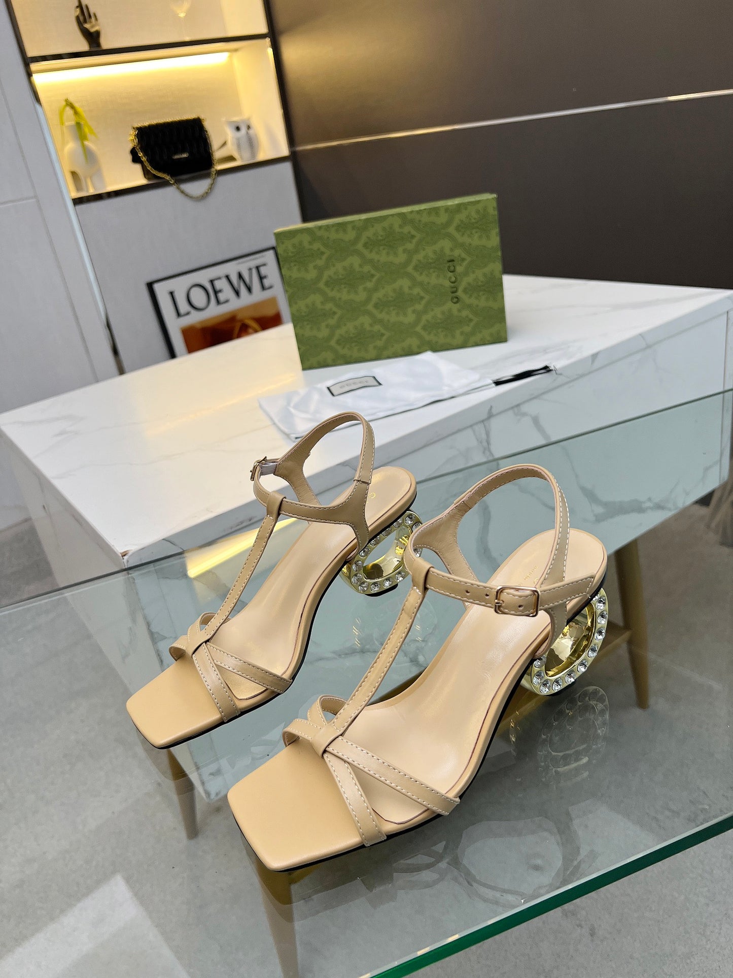 2024 Gucci-Inspired Cowhide Thick Heel with Rhinestone Detail – 6.5cm