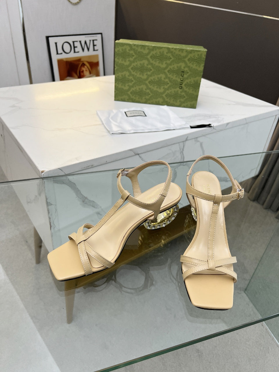 2024 Gucci-Inspired Cowhide Thick Heel with Rhinestone Detail – 6.5cm