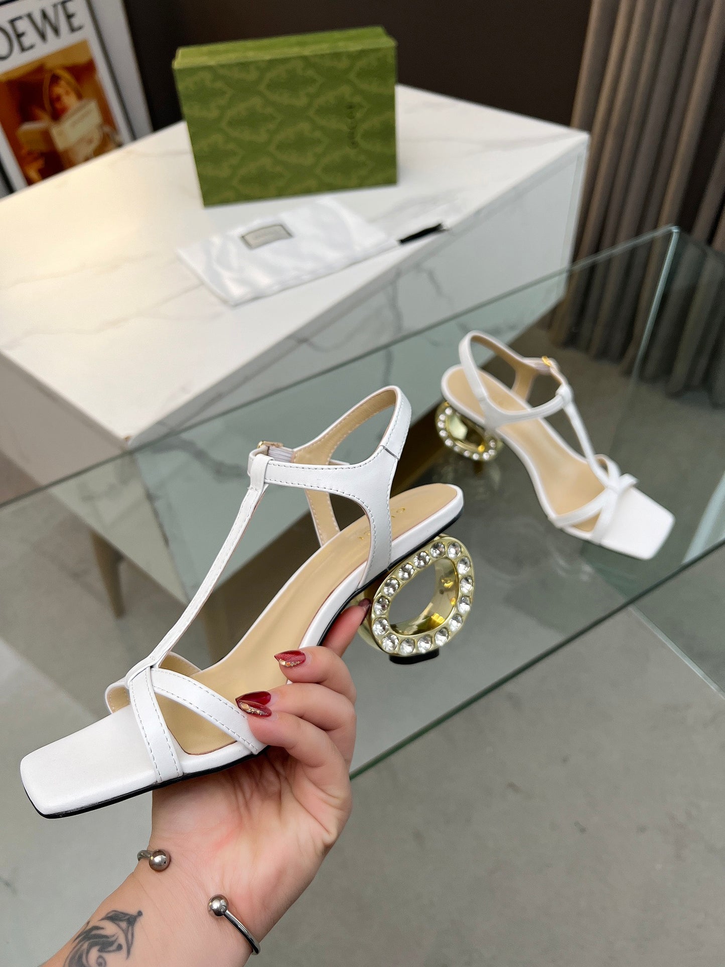 2024 Gucci-Inspired Cowhide Thick Heel with Rhinestone Detail – 6.5cm