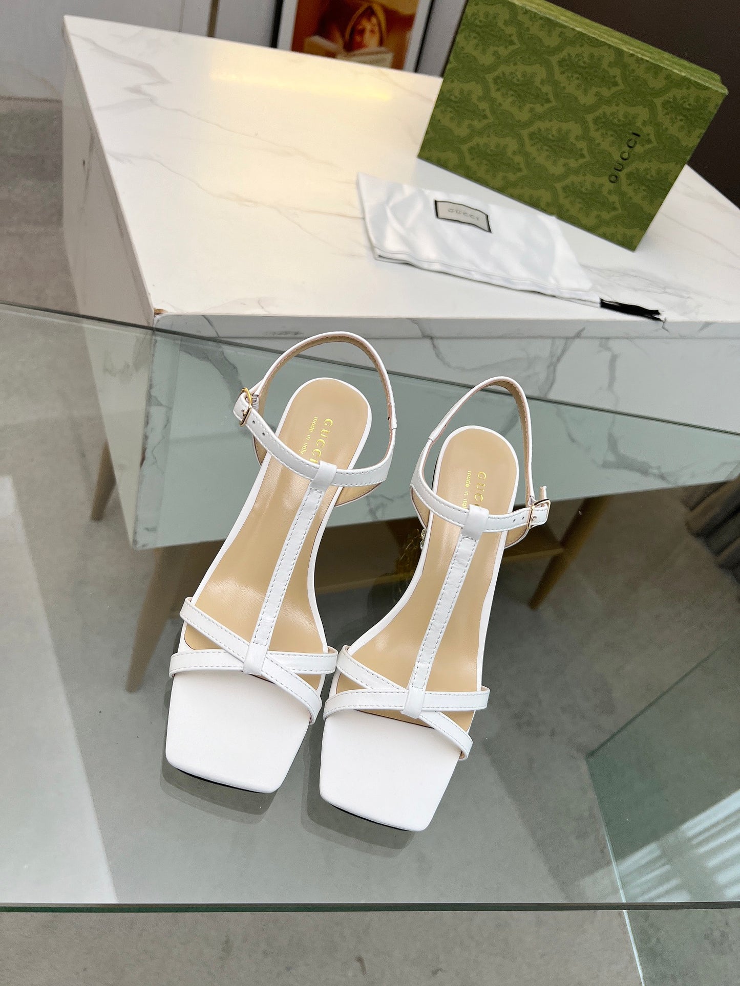 2024 Gucci-Inspired Cowhide Thick Heel with Rhinestone Detail – 6.5cm