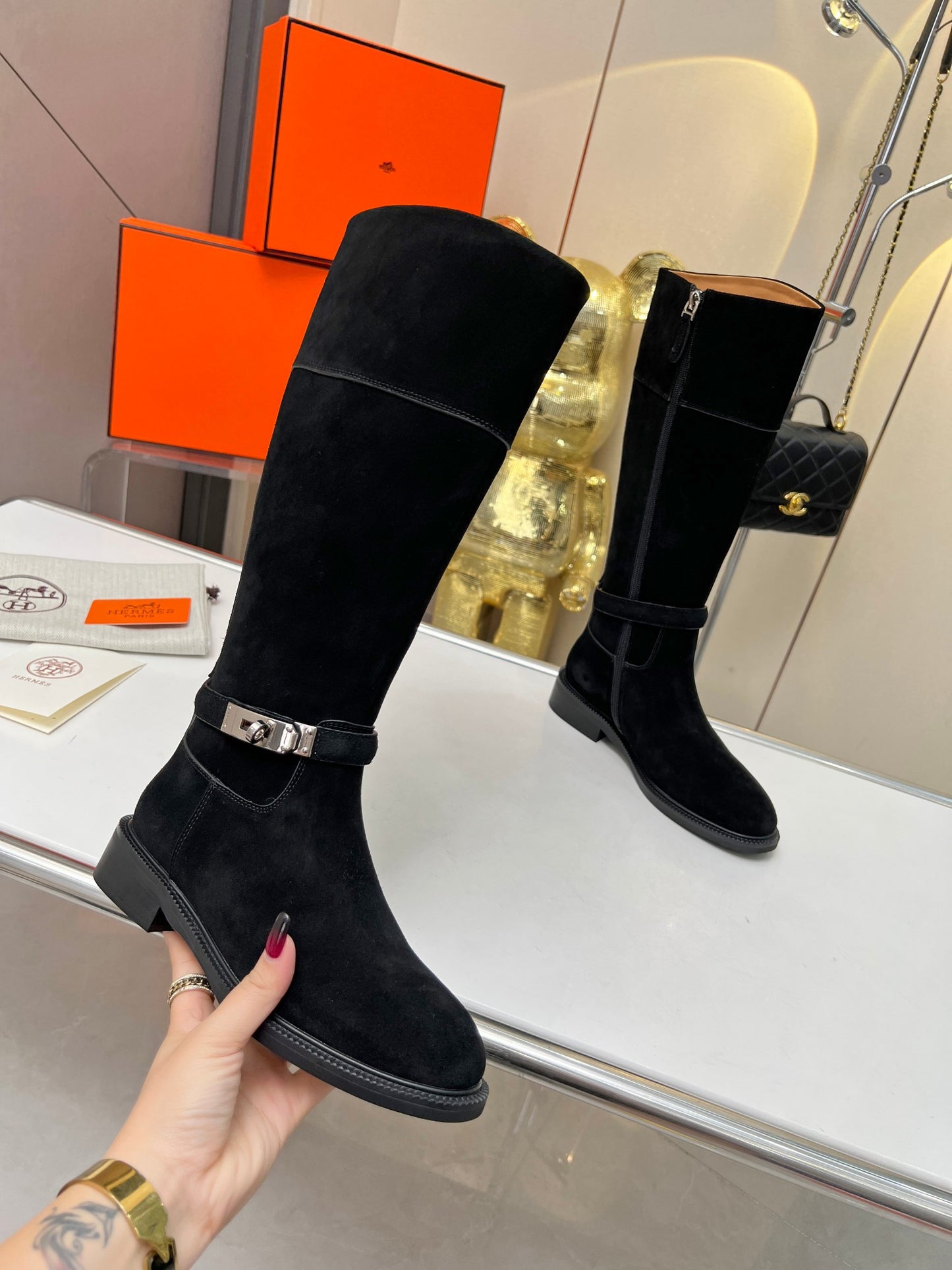 Hermes 2024 Fall/Winter Premium Suede Leather Boots – Top Version Blk