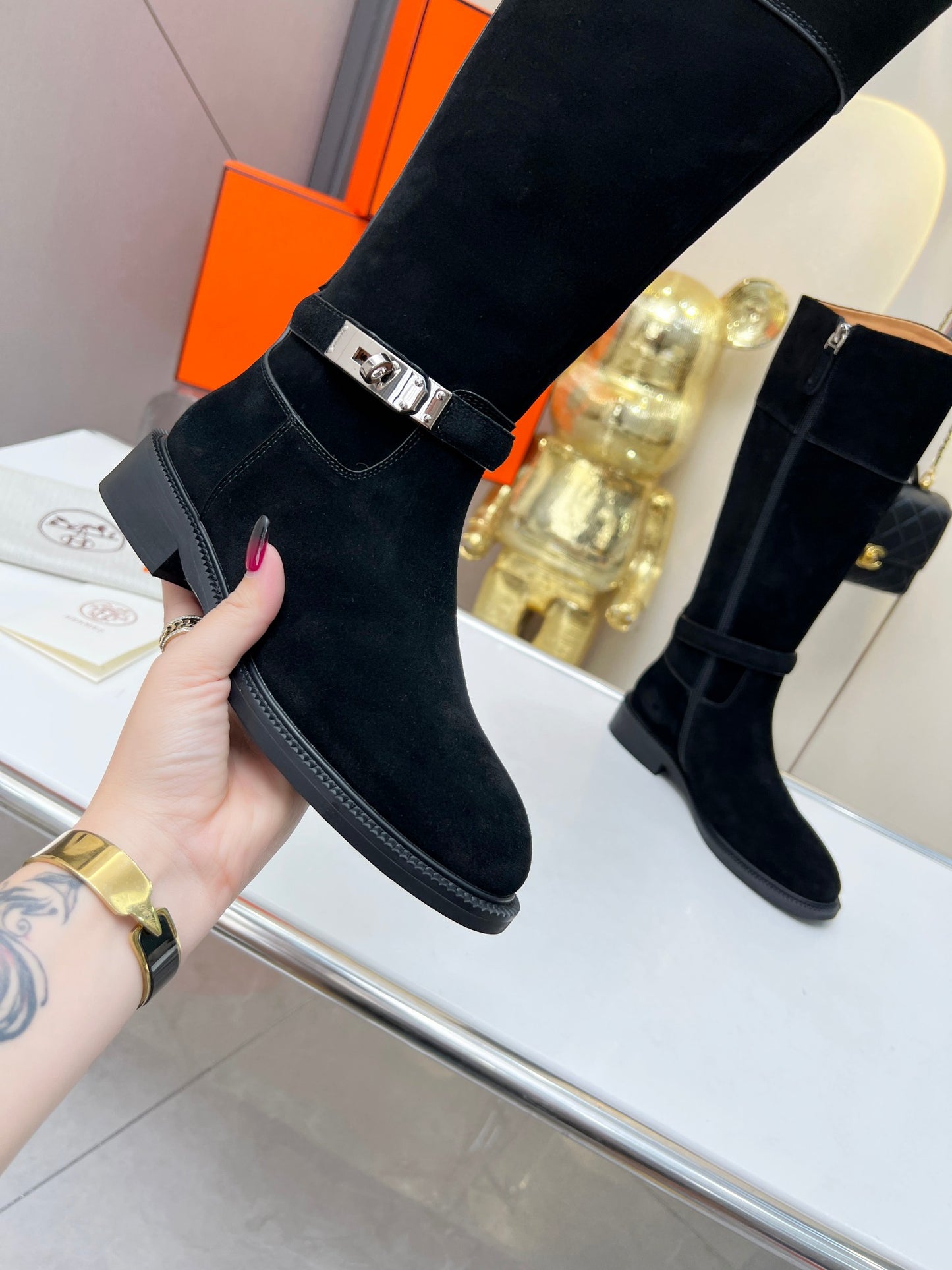 Hermes 2024 Fall/Winter Premium Suede Leather Boots – Top Version Blk